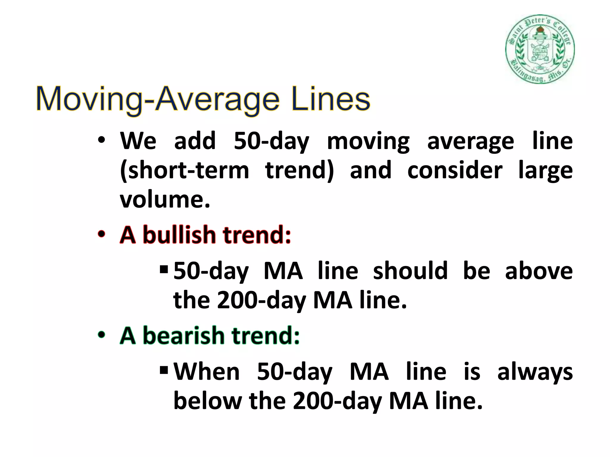 • We add 50-day moving average line
(short-term trend) and consider large
volume.
50-day MA line should be above
the 200-day MA line.
When 50-day MA line is always
below the 200-day MA line.
 