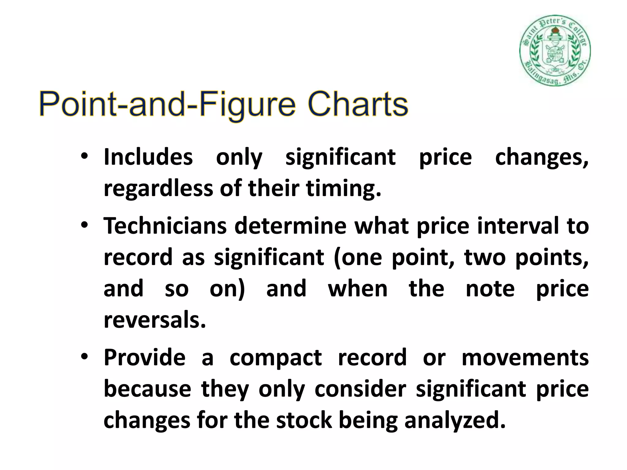 • Includes only significant price changes,
regardless of their timing.
• Technicians determine what price interval to
record as significant (one point, two points,
and so on) and when the note price
reversals.
• Provide a compact record or movements
because they only consider significant price
changes for the stock being analyzed.
 