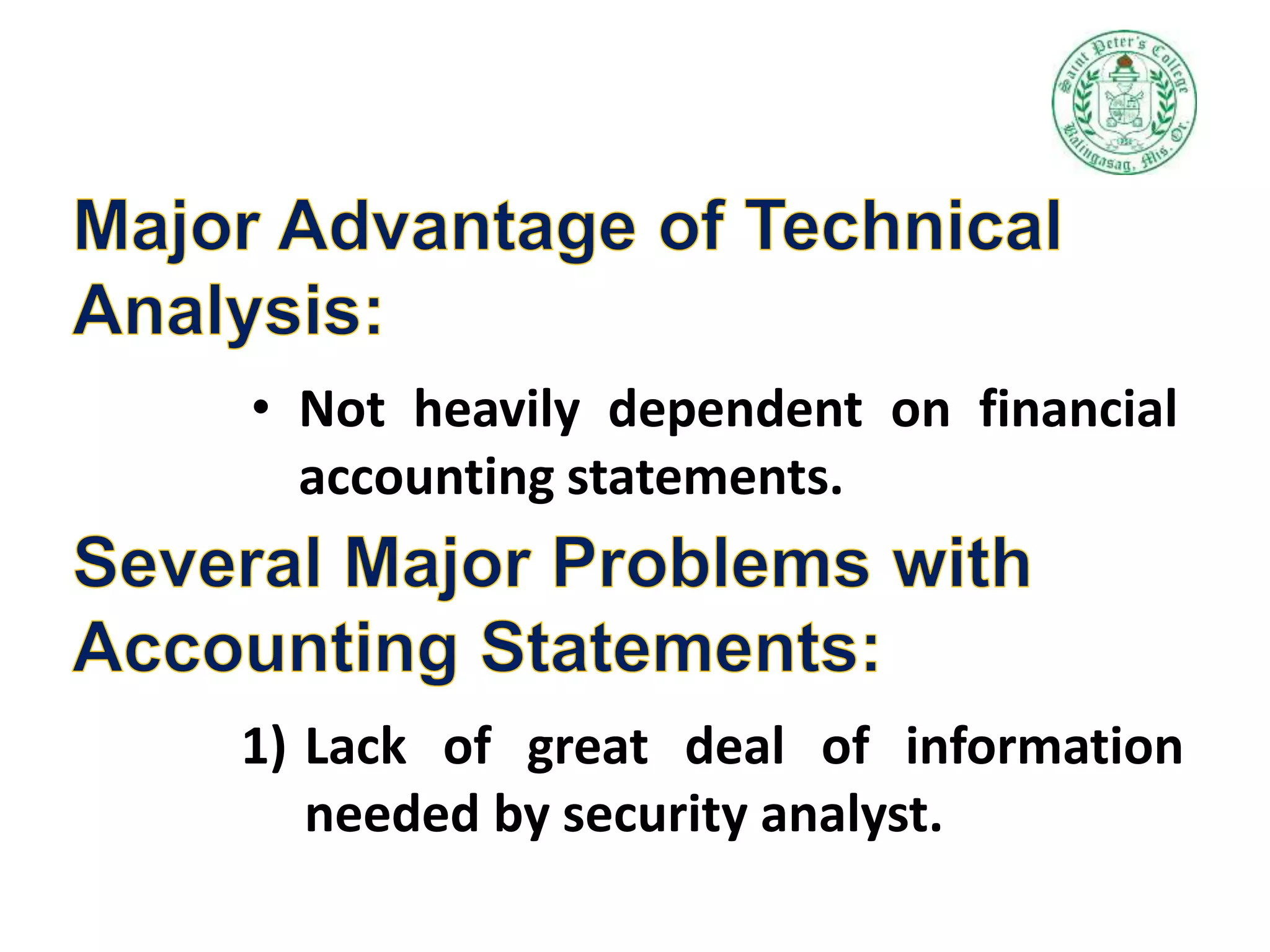 • Not heavily dependent on financial
accounting statements.
1) Lack of great deal of information
needed by security analyst.
 