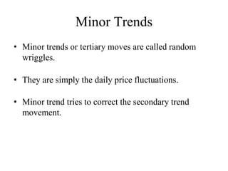 Minor Trends
• Minor trends or tertiary moves are called random
wriggles.
• They are simply the daily price fluctuations.
• Minor trend tries to correct the secondary trend
movement.
 