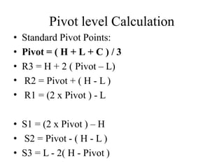 Pivot level Calculation
• Standard Pivot Points:
• Pivot = ( H + L + C ) / 3
• R3 = H + 2 ( Pivot – L)
•
•
R2 = Pivot + ( H - L )
R1 = (2 x Pivot ) - L
• S1 = (2 x Pivot ) – H
• S2 = Pivot - ( H - L )
• S3 = L - 2( H - Pivot )
 