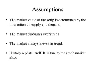 Assumptions
• The market value of the scrip is determined by the
interaction of supply and demand.
• The market discounts everything.
• The market always moves in trend.
• History repeats itself. It is true to the stock market
also.
 