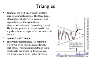 Triangles
•
•
•
Triangles are well-known chart patterns
used in technical analysis. The three types
of triangles, which vary in construct and
implication, are the symmetrical
triangle, ascending and descending triangle.
These chart patterns are considered to last
anywhere from a couple of weeks to several
months.
Symmetrical Triangle
The symmetrical triangle is a pattern in
which two trend lines converge toward
each other. This pattern is neutral in that a
breakout to the upside or downside is a
confirmation of a trend in that direction
 