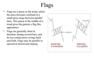 Flags
•
•
Flags are a pause in the trend, where
the price becomes confined in a
small price range between parallel
lines. This pause in the middle of a
trend gives the pattern a flag like
appearance.
Flags are generally short in
duration, lasting several bars, and
do not contain price swings back
and forth. Flags may be parallel or
upward or downward sloping
 
