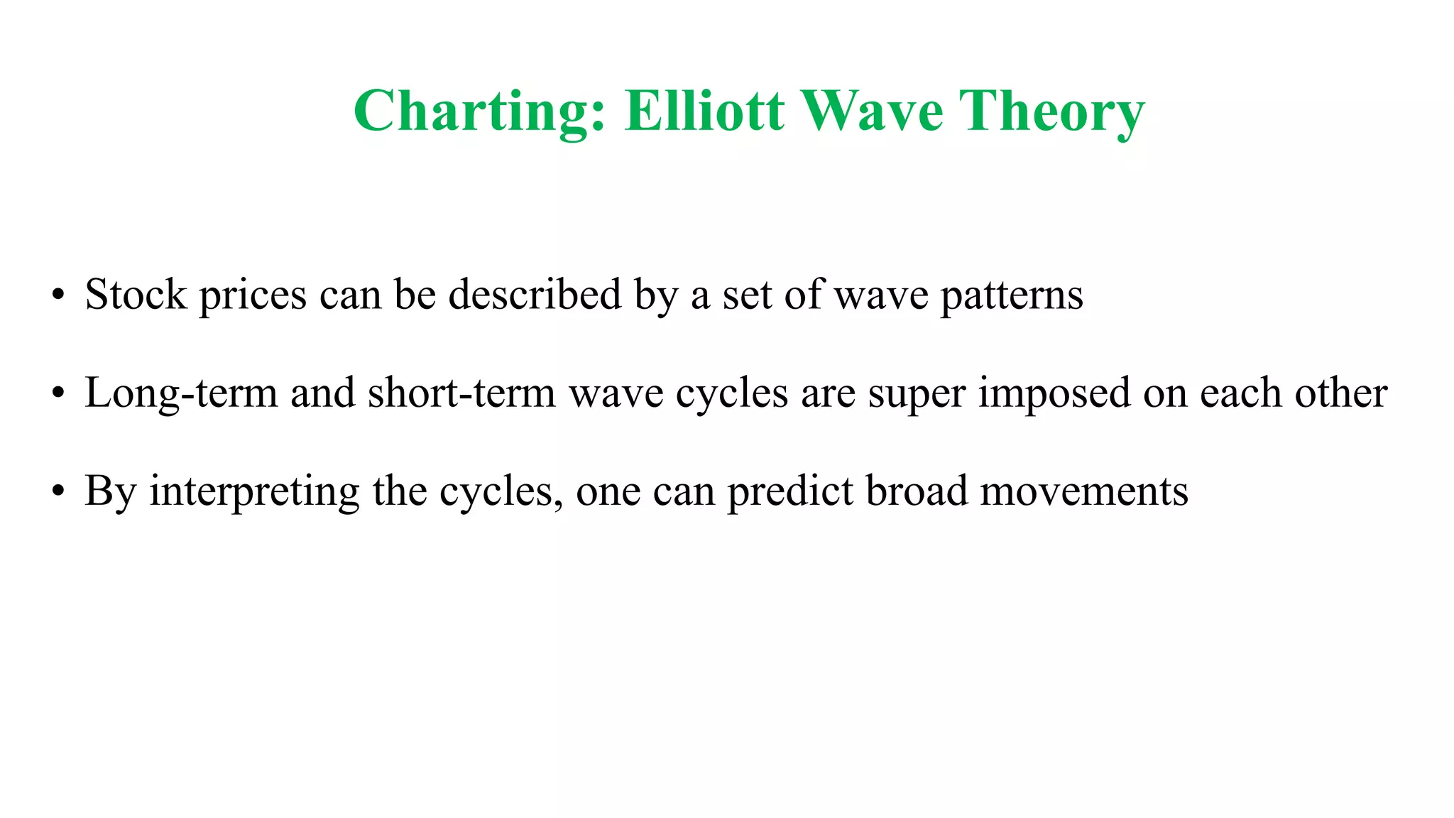 Charting: Elliott Wave Theory
• Stock prices can be described by a set of wave patterns
• Long-term and short-term wave cycles are super imposed on each other
• By interpreting the cycles, one can predict broad movements
 