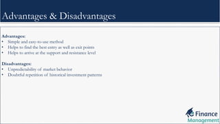 Advantages:
• Simple and easy-to-use method
• Helps to find the best entry as well as exit points
• Helps to arrive at the support and resistance level
Disadvantages:
• Unpredictability of market behavior
• Doubtful repetition of historical investment patterns
Advantages & Disadvantages
 