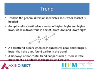 Trend
• Trend is the general direction in which a security or market is
headed
• An uptrend is classified as a series of higher highs and higher
lows, while a downtrend is one of lower lows and lower highs
• A downtrend occurs when each successive peak and trough is
lower than the ones found earlier in the trend
• A sideways or horizontal trend happens when there is little
movement up or down in the peaks and troughs
 