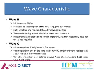 Wave Characteristic
• Wave B
 Prices reverse higher
 Many see as a resumption of the now long-gone bull market
 Right shoulder of a head and shoulders reversal pattern
 The volume during wave B should be lower than in wave A
 Fundamentals are probably no longer improving, but they most likely have not
yet turned negative
• Wave C
 Prices move impulsively lower in five waves
 Volume picks up, and by the third leg of wave C, almost everyone realizes that
a bear market is firmly entrenched
 Wave C is typically at least as large as wave A and often extends to 1.618 times
wave A or beyond
 