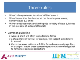 Three rules:
• Wave 2 always retraces less than 100% of wave 1
• Wave 3 cannot be the shortest of the three impulse waves,
namely waves 1, 3 and 5
• Wave 4 does not overlap with the price territory of wave 1, except
in the rare case of a diagonal triangle
• Common guideline
 waves 2 and 4 will often take alternate forms
 a sharp move in wave 2, for example, will suggest a mild move
in wave 4
 Corrective wave patterns unfold in forms known as zigzags, flats,
or triangles. In turn these corrective patterns can come together
to form more complex corrections
 