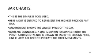 30
BAR CHARTS.
•THIS IS THE SIMPLEST TOOL USED.
•HERE A DOT IS ENTERED TO REPRESENT THE HIGHEST PRICE ON ANY
DAY.
•ANOTHER DOT SHOWS THE LOWEST PRICE OF THE DAY.
•BOTH ARE CONNECTED. A LINE IS DRAWN TO CONNECT BOTH THE
POINT. A HORIZONTAL NUB IS DRAWN TO MARK THE CLOSING PRICE.
LINE CHARTS ARE USED TO INDICATE THE PRICE MOVEMENTS.
 