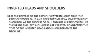 39
INVERTED HEADS AND SHOULDERS
HERE THE REVERSE OF THE PREVIOUS PATTERN HOLDS TRUE. THE
PRICE OF STOCKS FALLS AND RISES THAT MAKES A INVERTED RIGHT
SHOULDER. AS THE PROCESS OF FALL AND RISE IN PRICE CONTINUES
THE HEADS AND LEFT SHOU-LDERS ARE CREATED. CONNECTING THE
TOPS OF THE INVERTED HEADS AND SH-OULDER GIVES THE
NECKLINE.
 