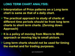 LONG TERM CHART ANALYSIS:
 Interpretation of Price patterns on a Long term
  chart is same as that of a daily chart.
 The practical approach to study of charts at
  different time periods should be from long term
  charts to short term charts. (Zeroing down
  Approach)
 It is a policy of moving from Macro to Micro
  approach or moving big to small picture.
 Long term charts should not be used for timing
  the market and for trading purposes.
                      @ B.V.RUDRAMURTHY             113
 