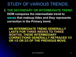 STUDY OF VARIOUS TRENDS:
2. THE SECONDARY OR INTERMEDIATE TREND:
   DOW compares the intermediate trend to
   waves that makeup tides and they represents
   correction in the Primary trend.

   AN INTERMEDIATE TREND GENERALLY
   LASTS FOR THREE WEEKS TO THREE
   MONTHS. THESE INTERMEDIARY
   CORRECTIONS GENERALLY RETRACES 1/3
   OR 1/2 OR 2/3 OF THE PREVIOUS MOVE.


                  @ B.V.RUDRAMURTHY         12
 