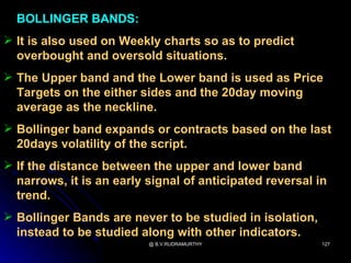 BOLLINGER BANDS:
 It is also used on Weekly charts so as to predict
  overbought and oversold situations.
 The Upper band and the Lower band is used as Price
  Targets on the either sides and the 20day moving
  average as the neckline.
 Bollinger band expands or contracts based on the last
  20days volatility of the script.
 If the distance between the upper and lower band
  narrows, it is an early signal of anticipated reversal in
  trend.
 Bollinger Bands are never to be studied in isolation,
  instead to be studied along with other indicators.
                          @ B.V.RUDRAMURTHY               127
 