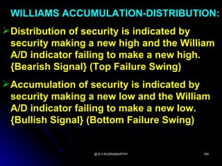 WILLIAMS ACCUMULATION-DISTRIBUTION:
 Distribution of security is indicated by
  security making a new high and the William
  A/D indicator failing to make a new high.
  {Bearish Signal} (Top Failure Swing)
 Accumulation of security is indicated by
  security making a new low and the William
  A/D indicator failing to make a new low.
  {Bullish Signal} (Bottom Failure Swing)


                   @ B.V.RUDRAMURTHY     180
 