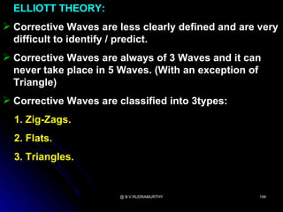 ELLIOTT THEORY:
 Corrective Waves are less clearly defined and are very
  difficult to identify / predict.
 Corrective Waves are always of 3 Waves and it can
  never take place in 5 Waves. (With an exception of
  Triangle)
 Corrective Waves are classified into 3types:
  1. Zig-Zags.
  2. Flats.
  3. Triangles.


                       @ B.V.RUDRAMURTHY            194
 