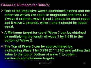 Fibonacci Numbers for Ratio’s:
 One of the Impulsive waves sometimes extend and the
  other two waves are equal in magnitude and time. i.e.
  if wave 5 extends, wave 1 and 3 should be about equal
  and if wave 3 extends, wave 1 and 5 should be about
  equal.
 A Minimum target for top of Wave 3 can be obtained
  by multiplying the length of wave 1 by 1.618 to the
  bottom of Wave 2.
 The Top of Wave 5 can be approximated by
  multiplying Wave 1 by 3.236 (2 * 1.618) and adding that
  value to the top or bottom of wave 1 to obtain
  maximum and minimum targets.
                        @ B.V.RUDRAMURTHY           205
 
