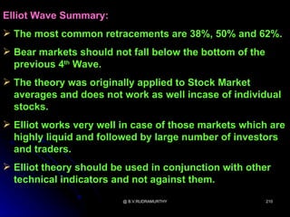 Elliot Wave Summary:
 The most common retracements are 38%, 50% and 62%.
 Bear markets should not fall below the bottom of the
  previous 4th Wave.
 The theory was originally applied to Stock Market
  averages and does not work as well incase of individual
  stocks.
 Elliot works very well in case of those markets which are
  highly liquid and followed by large number of investors
  and traders.
 Elliot theory should be used in conjunction with other
  technical indicators and not against them.

                         @ B.V.RUDRAMURTHY               210
 