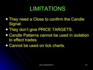 LIMITATIONS
 They need a Close to confirm the Candle
  Signal.
 They don’t give PRICE TARGETS.
 Candle Patterns cannot be used in isolation
  to effect trades.
 Cannot be used on tick charts.




                  @ B.V.RUDRAMURTHY        217
 