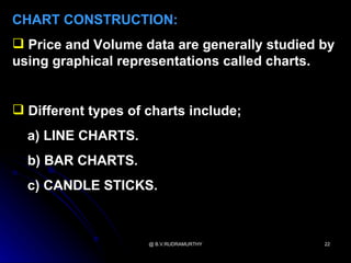 CHART CONSTRUCTION:
 Price and Volume data are generally studied by
using graphical representations called charts.


 Different types of charts include;
  a) LINE CHARTS.
  b) BAR CHARTS.
  c) CANDLE STICKS.



                     @ B.V.RUDRAMURTHY        22
 