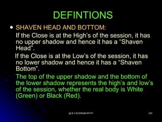 DEFINTIONS
   SHAVEN HEAD AND BOTTOM:
    If the Close is at the High’s of the session, it has
    no upper shadow and hence it has a “Shaven
    Head”.
    If the Close is at the Low’s of the session, it has
    no lower shadow and hence it has a “Shaven
    Bottom”.
    The top of the upper shadow and the bottom of
    the lower shadow represents the high’s and low’s
    of the session, whether the real body is White
    (Green) or Black (Red).

                        @ B.V.RUDRAMURTHY             220
 