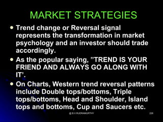 MARKET STRATEGIES
   Trend change or Reversal signal
    represents the transformation in market
    psychology and an investor should trade
    accordingly.
   As the popular saying, ”TREND IS YOUR
    FRIEND AND ALWAYS GO ALONG WITH
    IT’.
   On Charts, Western trend reversal patterns
    include Double tops/bottoms, Triple
    tops/bottoms, Head and Shoulder, Island
    tops and bottoms, Cup and Saucers etc.
                    @ B.V.RUDRAMURTHY       226
 