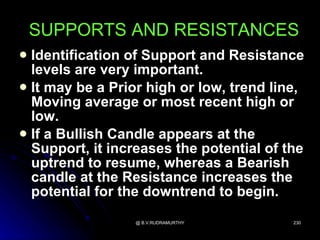 SUPPORTS AND RESISTANCES
 Identification of Support and Resistance
  levels are very important.
 It may be a Prior high or low, trend line,
  Moving average or most recent high or
  low.
 If a Bullish Candle appears at the
  Support, it increases the potential of the
  uptrend to resume, whereas a Bearish
  candle at the Resistance increases the
  potential for the downtrend to begin.
                 @ B.V.RUDRAMURTHY        230
 