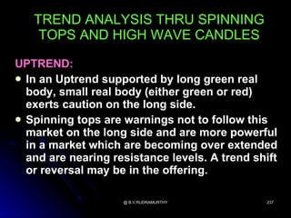 TREND ANALYSIS THRU SPINNING
    TOPS AND HIGH WAVE CANDLES

UPTREND:
 In an Uptrend supported by long green real
  body, small real body (either green or red)
  exerts caution on the long side.
 Spinning tops are warnings not to follow this
  market on the long side and are more powerful
  in a market which are becoming over extended
  and are nearing resistance levels. A trend shift
  or reversal may be in the offering.

                    @ B.V.RUDRAMURTHY          237
 