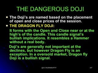 THE DANGEROUS DOJI
 The Doji’s are named based on the placement
  of open and close prices of the session.
 THE DRAGON FLY DOJI:
  It forms with the Open and Close near or at the
  high’s of the candle. This candle signal’s
  bullish implications. It resembles a Hammer
  without a real body.
  Doji’s are generally not important at the
  declines, but however Dragon Fly is an
  exception. In a oversold market, Dragon fly
  Doji is a bullish signal.

                   @ B.V.RUDRAMURTHY          247
 