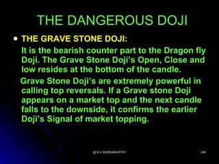 THE DANGEROUS DOJI
   THE GRAVE STONE DOJI:
    It is the bearish counter part to the Dragon fly
    Doji. The Grave Stone Doji’s Open, Close and
    low resides at the bottom of the candle.
    Grave Stone Doji’s are extremely powerful in
    calling top reversals. If a Grave stone Doji
    appears on a market top and the next candle
    falls to the downside, it confirms the earlier
    Doji’s Signal of market topping.


                      @ B.V.RUDRAMURTHY           248
 