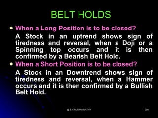 BELT HOLDS
   When a Long Position is to be closed?
    A Stock in an uptrend shows sign of
    tiredness and reversal, when a Doji or a
    Spinning top occurs and it is then
    confirmed by a Bearish Belt Hold.
   When a Short Position is to be closed?
    A Stock in an Downtrend shows sign of
    tiredness and reversal, when a Hammer
    occurs and it is then confirmed by a Bullish
    Belt Hold.

                    @ B.V.RUDRAMURTHY        256
 