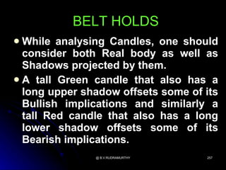BELT HOLDS
 While analysing Candles, one should
  consider both Real body as well as
  Shadows projected by them.
 A tall Green candle that also has a
  long upper shadow offsets some of its
  Bullish implications and similarly a
  tall Red candle that also has a long
  lower shadow offsets some of its
  Bearish implications.
               @ B.V.RUDRAMURTHY    257
 