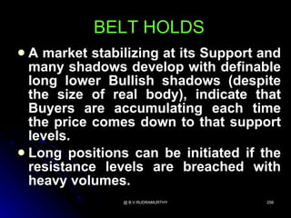 BELT HOLDS
 A market stabilizing at its Support and
  many shadows develop with definable
  long lower Bullish shadows (despite
  the size of real body), indicate that
  Buyers are accumulating each time
  the price comes down to that support
  levels.
 Long positions can be initiated if the
  resistance levels are breached with
  heavy volumes.
                @ B.V.RUDRAMURTHY     258
 