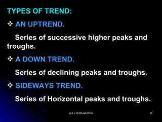 TYPES OF TREND:
 AN UPTREND.
   Series of successive higher peaks and
troughs.
 A DOWN TREND.
  Series of declining peaks and troughs.
 SIDEWAYS TREND.
  Series of Horizontal peaks and troughs.
                 @ B.V.RUDRAMURTHY         29
 
