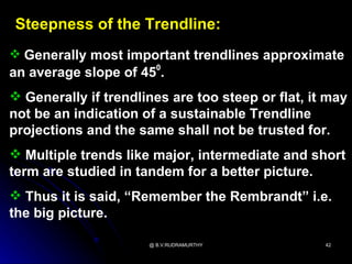 Steepness of the Trendline:
 Generally most important trendlines approximate
                        0
an average slope of 45 .
 Generally if trendlines are too steep or flat, it may
not be an indication of a sustainable Trendline
projections and the same shall not be trusted for.
 Multiple trends like major, intermediate and short
term are studied in tandem for a better picture.
 Thus it is said, “Remember the Rembrandt” i.e.
the big picture.

                      @ B.V.RUDRAMURTHY            42
 