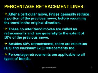 PERCENTAGE RETRACEMENT LINES:
 After a particular move, Prices generally retrace
a portion of the previous move, before resuming
the trend in the original direction.
 These counter trend moves are called as
retracements and are generally to the extent of
50% of the previous move.
 Besides 50% retracements, there are minimum
(1/3) and maximum (2/3) retracements too.
 Percentage retracements are applicable to all
types of trends.

                      @ B.V.RUDRAMURTHY               47
 