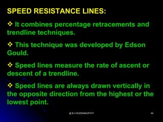 SPEED RESISTANCE LINES:
 It combines percentage retracements and
trendline techniques.
 This technique was developed by Edson
Gould.
 Speed lines measure the rate of ascent or
descent of a trendline.
 Speed lines are always drawn vertically in
the opposite direction from the highest or the
lowest point.
                   @ B.V.RUDRAMURTHY          49
 
