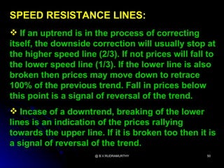 SPEED RESISTANCE LINES:
 If an uptrend is in the process of correcting
itself, the downside correction will usually stop at
the higher speed line (2/3). If not prices will fall to
the lower speed line (1/3). If the lower line is also
broken then prices may move down to retrace
100% of the previous trend. Fall in prices below
this point is a signal of reversal of the trend.
 Incase of a downtrend, breaking of the lower
lines is an indication of the prices rallying
towards the upper line. If it is broken too then it is
a signal of reversal of the trend.
                      @ B.V.RUDRAMURTHY             50
 