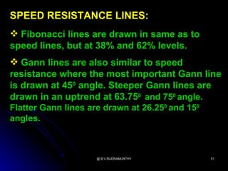 SPEED RESISTANCE LINES:
 Fibonacci lines are drawn in same as to
speed lines, but at 38% and 62% levels.
 Gann lines are also similar to speed
resistance where the most important Gann line
is drawn at 450 angle. Steeper Gann lines are
drawn in an uptrend at 63.750 and 750 angle.
Flatter Gann lines are drawn at 26.250 and 150
angles.



                     @ B.V.RUDRAMURTHY           51
 