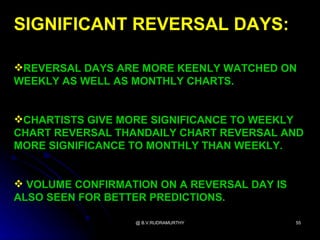SIGNIFICANT REVERSAL DAYS:

REVERSAL DAYS ARE MORE KEENLY WATCHED ON
WEEKLY AS WELL AS MONTHLY CHARTS.


CHARTISTS GIVE MORE SIGNIFICANCE TO WEEKLY
CHART REVERSAL THANDAILY CHART REVERSAL AND
MORE SIGNIFICANCE TO MONTHLY THAN WEEKLY.


 VOLUME CONFIRMATION ON A REVERSAL DAY IS
ALSO SEEN FOR BETTER PREDICTIONS.

                  @ B.V.RUDRAMURTHY          55
 