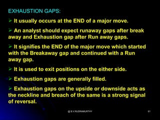 EXHAUSTION GAPS:
 It usually occurs at the END of a major move.
 An analyst should expect runaway gaps after break
away and Exhaustion gap after Run away gaps.
 It signifies the END of the major move which started
with the Breakaway gap and continued with a Run
away gap.
 It is used to exit positions on the either side.
 Exhaustion gaps are generally filled.
 Exhaustion gaps on the upside or downside acts as
the neckline and breach of the same is a strong signal
of reversal.
                         @ B.V.RUDRAMURTHY               61
 