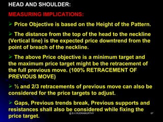 HEAD AND SHOULDER:
MEASURING IMPLICATIONS:
 Price Objective is based on the Height of the Pattern.
 The distance from the top of the head to the neckline
(Vertical line) is the expected price downtrend from the
point of breach of the neckline.
 The above Price objective is a minimum target and
the maximum price target might be the retracement of
the full previous move. (100% RETRACEMENT OF
PREVIOUS MOVE)
 ½ and 2/3 retracements of previous move can also be
considered for the price targets to adjust.
 Gaps, Previous trends break, Previous supports and
resistances shall also be considered while fixing the
                        @ B.V.RUDRAMURTHY             67
price target.
 