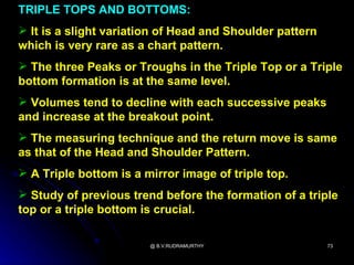 TRIPLE TOPS AND BOTTOMS:
 It is a slight variation of Head and Shoulder pattern
which is very rare as a chart pattern.
 The three Peaks or Troughs in the Triple Top or a Triple
bottom formation is at the same level.
 Volumes tend to decline with each successive peaks
and increase at the breakout point.
 The measuring technique and the return move is same
as that of the Head and Shoulder Pattern.
 A Triple bottom is a mirror image of triple top.
 Study of previous trend before the formation of a triple
top or a triple bottom is crucial.

                        @ B.V.RUDRAMURTHY                 73
 