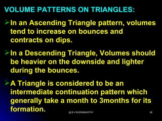 VOLUME PATTERNS ON TRIANGLES:
 In an Ascending Triangle pattern, volumes
  tend to increase on bounces and
  contracts on dips.
 In a Descending Triangle, Volumes should
  be heavier on the downside and lighter
  during the bounces.
 A Triangle is considered to be an
  intermediate continuation pattern which
  generally take a month to 3months for its
  formation.      @ B.V.RUDRAMURTHY       88
 