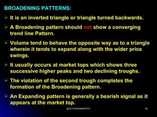 BROADENING PATTERNS:
 It is an inverted triangle or triangle turned backwards.
 A Broadening pattern should not show a converging
  trend line Pattern.
 Volume tend to behave the opposite way as to a triangle
  wherein it tends to expand along with the wider price
  swings.
 It usually occurs at market tops which shows three
  successive higher peaks and two declining troughs.
 The violation of the second trough completes the
  formation of the Broadening pattern.
 An Expanding pattern is generally a bearish signal as it
  appears at the market top.
                         @ B.V.RUDRAMURTHY                   89
 