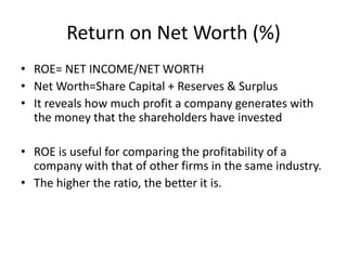 Return on Net Worth (%)
• ROE= NET INCOME/NET WORTH
• Net Worth=Share Capital + Reserves & Surplus
• It reveals how much profit a company generates with
the money that the shareholders have invested
• ROE is useful for comparing the profitability of a
company with that of other firms in the same industry.
• The higher the ratio, the better it is.
 