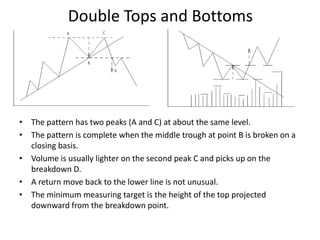 Double Tops and Bottoms
• The pattern has two peaks (A and C) at about the same level.
• The pattern is complete when the middle trough at point B is broken on a
closing basis.
• Volume is usually lighter on the second peak C and picks up on the
breakdown D.
• A return move back to the lower line is not unusual.
• The minimum measuring target is the height of the top projected
downward from the breakdown point.
 