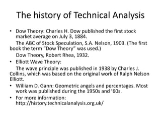 The history of Technical Analysis
• Dow Theory: Charles H. Dow published the first stock
market average on July 3, 1884.
The ABC of Stock Speculation, S.A. Nelson, 1903. (The first
book the term “Dow Theory” was used.)
Dow Theory, Robert Rhea, 1932.
• Elliott Wave Theory:
The wave principle was published in 1938 by Charles J.
Collins, which was based on the original work of Ralph Nelson
Elliott.
• William D. Gann: Geometric angels and percentages. Most
work was published during the 1950s and ’60s.
• For more information:
http://history.technicalanalysis.org.uk/
 