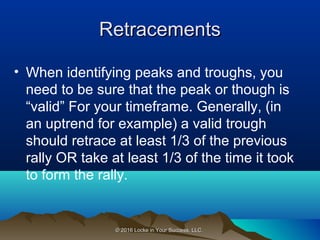© 2016 Locke in Your Success, LLC.© 2016 Locke in Your Success, LLC.
RetracementsRetracements
• When identifying peaks and troughs, you
need to be sure that the peak or though is
“valid” For your timeframe. Generally, (in
an uptrend for example) a valid trough
should retrace at least 1/3 of the previous
rally OR take at least 1/3 of the time it took
to form the rally.
 