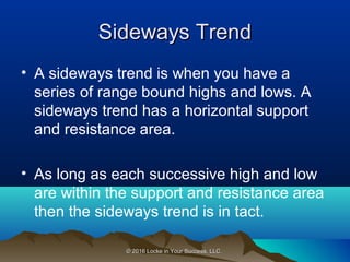 © 2016 Locke in Your Success, LLC.© 2016 Locke in Your Success, LLC.
Sideways TrendSideways Trend
• A sideways trend is when you have a
series of range bound highs and lows. A
sideways trend has a horizontal support
and resistance area.
• As long as each successive high and low
are within the support and resistance area
then the sideways trend is in tact.
 